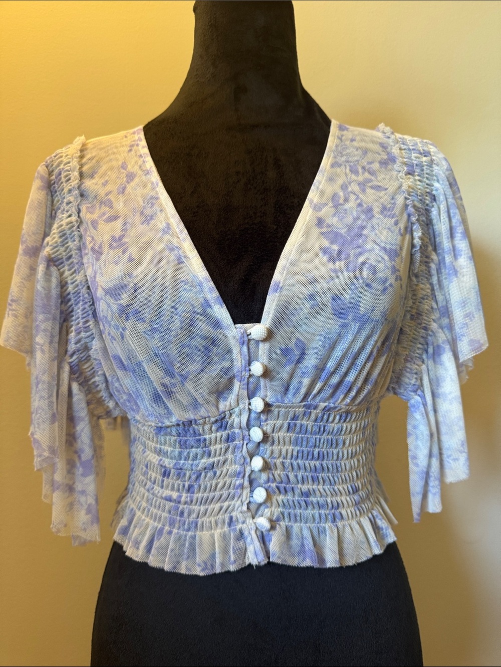 Free People Lavender Floral Smocked V-Neck Top